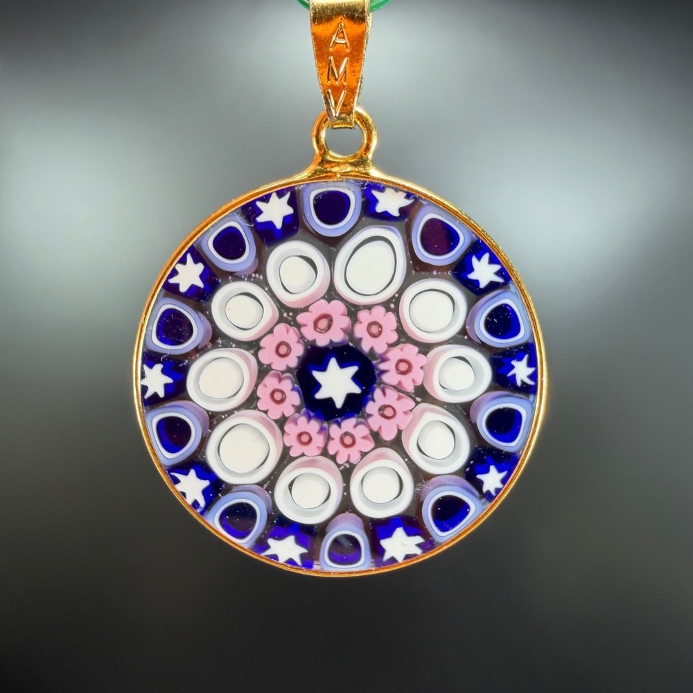 AMV Murano Millefiori Glass Pendant Hand Made Glass Italy Blue Pink Star VTG - Picture 6 of 11